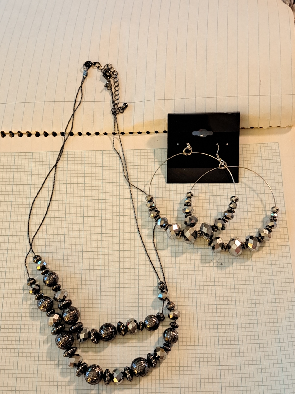 Hematite Look Mirror Beaded Double-Strand Necklace and Hoop Earrings Set